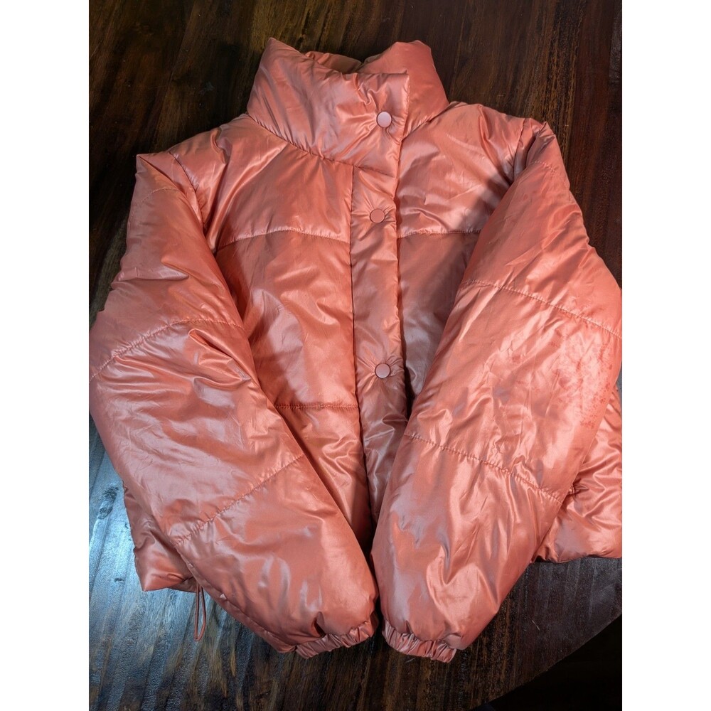 DELUC Coral Pink Quilted Puffer Jacket Coat S Shiny Cropped Dopamine Dressing Y2